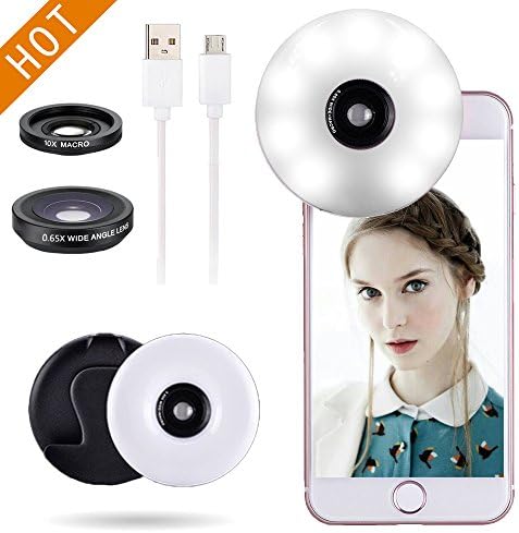 3 in 1 Rechargeable Selfie Ring Light Lens For Phone, Quarkware Clip On 3 Lighting Levels Selfie Warm White LED Bright Ring Light w/Telephoto Wide Angle Macro Lens for Smart Cell Phone (Black)