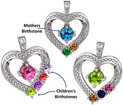 NANA Mother & Child Heart-Birthstone Pendant 1to6 Stones, Silver 10k or 14k Gold