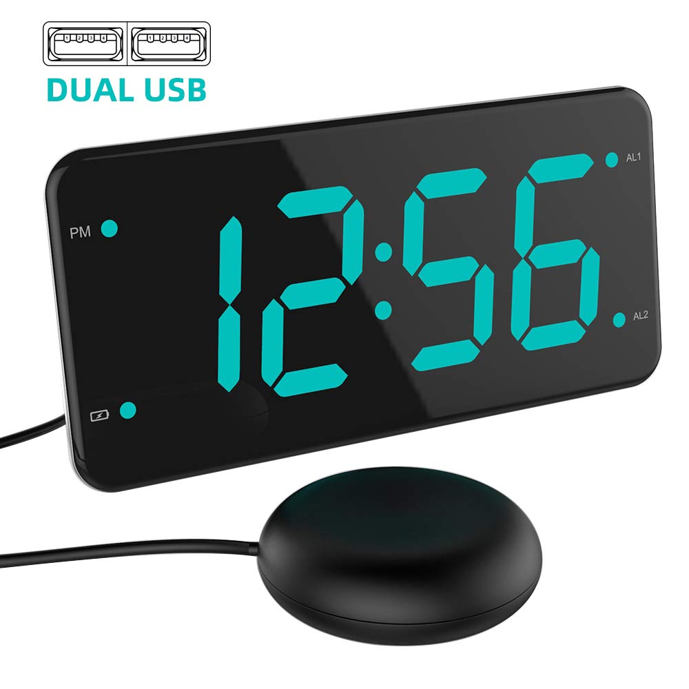 Loud Alarm Clock with Bed Shaker, Vibrating Alarm Clock for Heavy Sleepers, Deaf and Hard of Hearing, Dual Alarm Clock, 2 Charger Ports, 7-Inch Display, Full Range Dimmer and Battery Backup - Green
