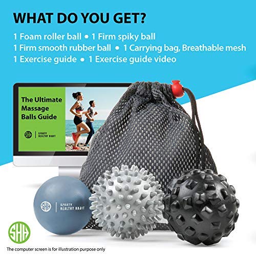Therapeutic Massage Ball Set: Eliminate Pain! Rubber, Spikes & Foam Roller Massager Balls. Myofascial Release, Trigger Point & Plantar Fasciitis Therapy. Releases Muscle Aches: Thigh, Back, Knee, etc