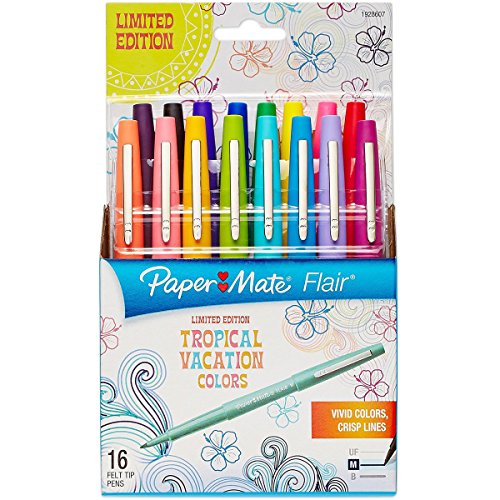 Paper Mate Flair Felt Tip Marker Pen, Assorted Tropical, Medium, 16/Pack
