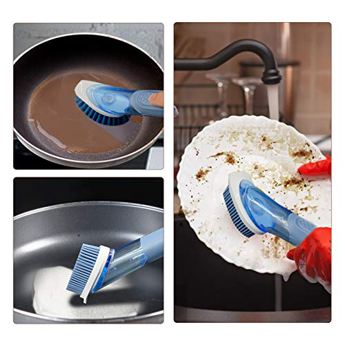 Neilgo 3-IN-1 Soap Dispensing Dish Brush Kitchen Scrub Brush Automatic Liquid Addition Brush Soap Control Dishwand Brush with Handle (Blue)