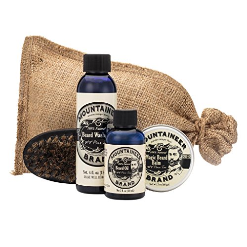 Beard Care Kit by Mountaineer Brand: All-Natural, Complete Beard Care in one Kit (WV Pine Tar) Includes: Beard Oil, Beard Balm, Beard Wash, and Beard Brush