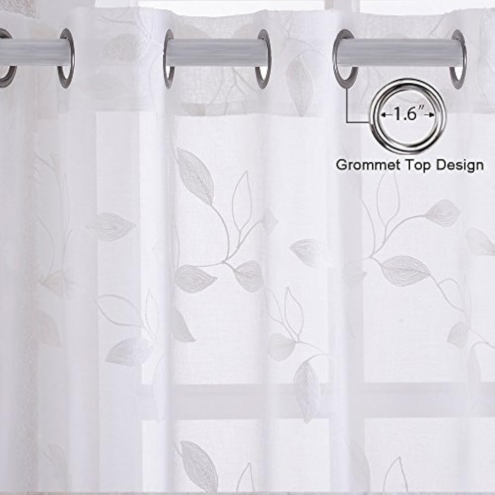Sheer Curtains, Leaf Embroidery White Window Faux Linen Textured Solid
