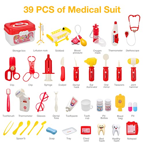 39 Pieces Doctor Kit for Kids, Educational Play Medical Kit with Electronic Stethoscope and Emergency Bed, Carrying Case, Doctor kit for Toddlers 3-5-7, Dentist Kit for Kids