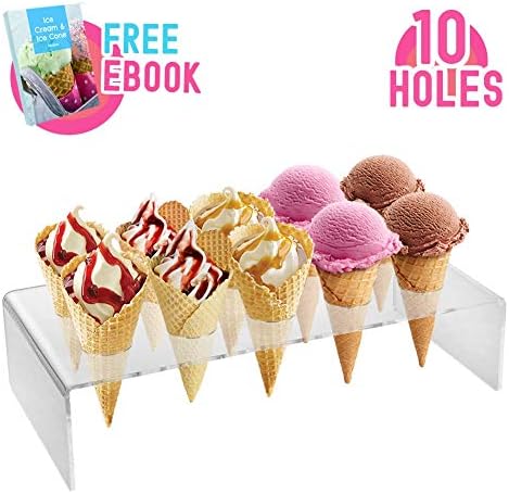 Clear Acrylic Ice Cream Cone Holder Stand 10 Holes to Display Snow Cones Sushi Hand Rolls Popcorn Candy French Fries Sweets Savory, Ice Cream Recipe Ebook Included