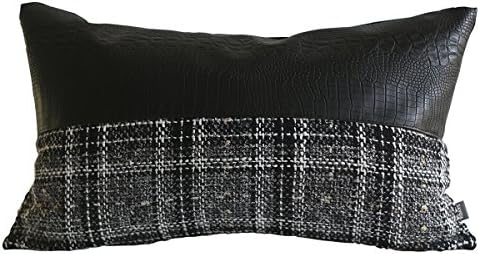 Kdays Tweed Gray Check Lumbar Pillow Cover Designer Modern Throw Pillow Cover Decorative Faux Leather Pillow Cover Handmade Cushion Cover 12x20 Inches