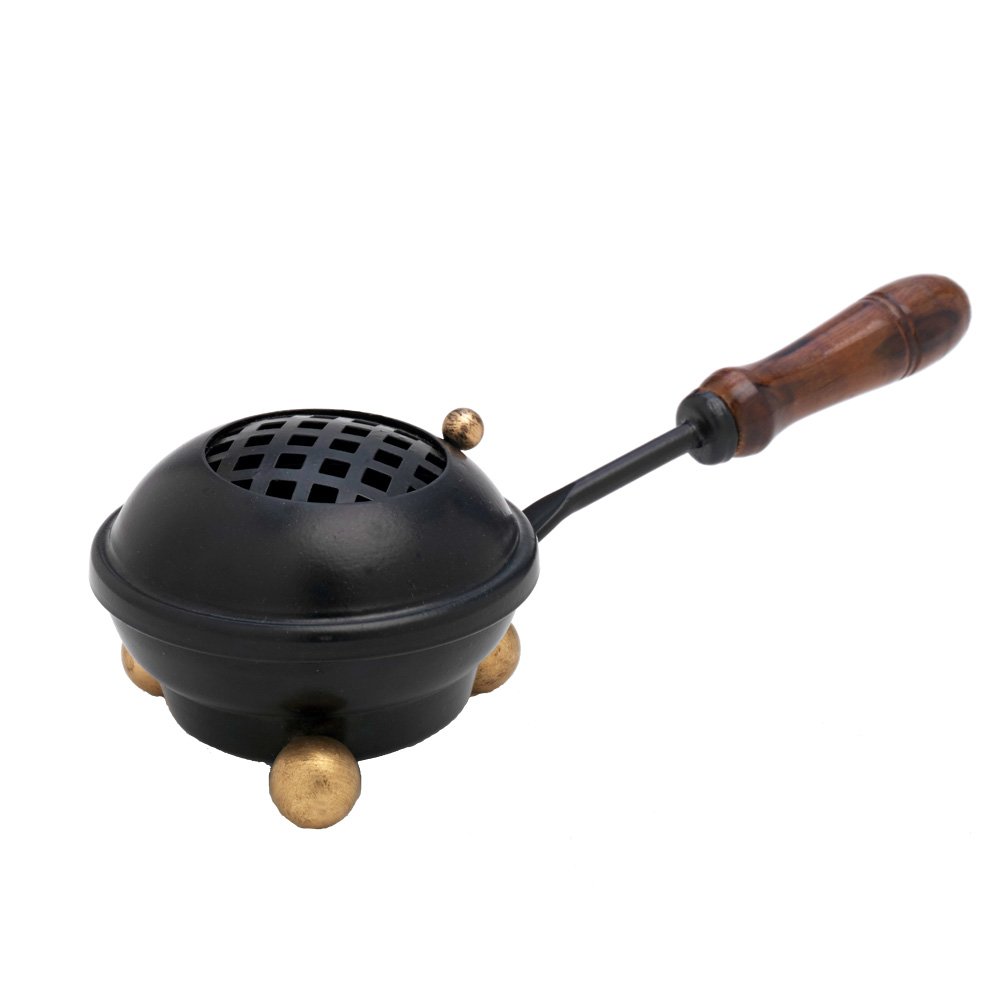 NKlaus incense pan with wooden handle iron incense burner esoteric black deco 7531