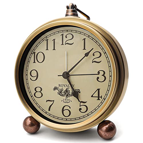 Maxspace Metal Golden Table Clock, Retro Vintage Non-Ticking Small Alarm Clock,Battery Operated Silent Quartz Movement HD Glass Desk Clock for Bedroom Living Room Indoor Decoration Kids… (Arabic2)