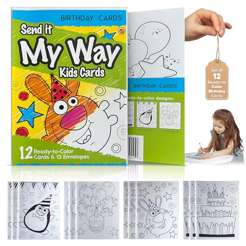 12-Pack Happy Birthday Cards with 13 Envelopes – Unique & Blank Birthday Design – Color-In kids, 5x7 – Great Stocking Stuffer For Kids Custom Colouring Cards – Made in USA – Celebrate Creativity & Joy