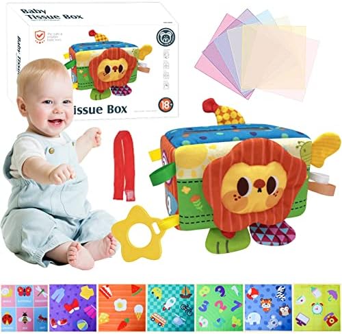 Boîte à Mouchoirs Sensorielle Bébé Montessori - Avec 12 Foulards Et Papiers Froissés - Jouet D'éveil 0-12 Mois - Lavable Machine - Pour Tummy Time