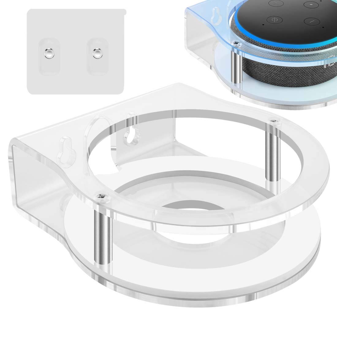 GEEKRIA Acrylic Wall Mount Compatible with Echo Dot (3rd Gen) Smart Speaker with an LED Clock and Alexa, Speaker Stand Stable Guard Holder (Clear)