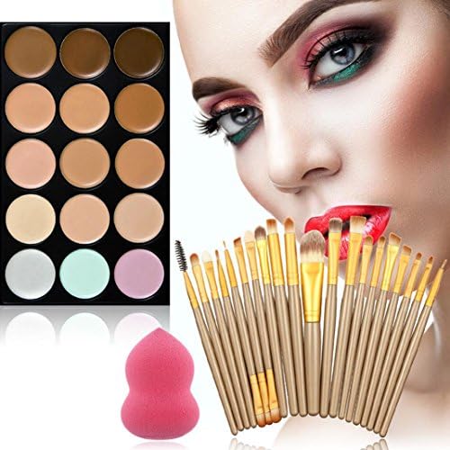 Concealer, UTONG 15-Color Concealer +20 Makeup Brush + Water Puff Puff Powder Puff (F)