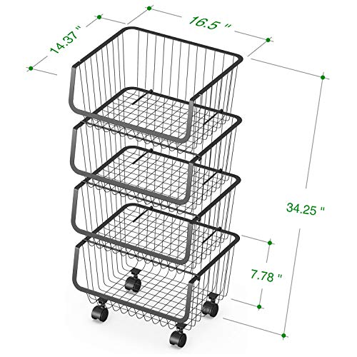 Rolling Stackable Wire Baskets, 4 Tiers Metal Utility Cart Vegetable