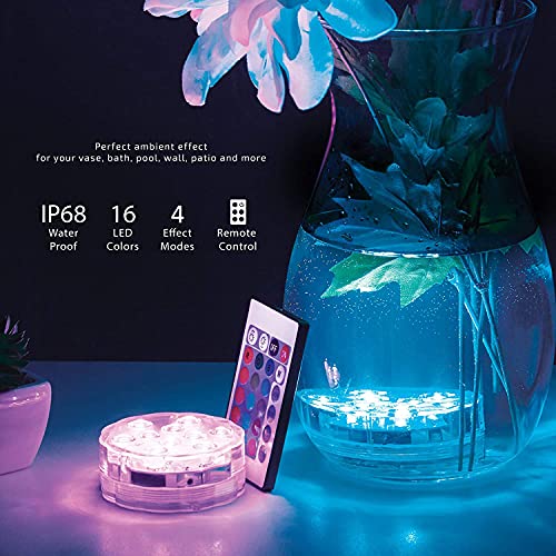 Gluckluz Submersible LED Lights Aquarium Swimming Pool Decorations Waterproof RGB Decor. Light with Remote Control for Fish Tank Home Underwater Vase Base Pond (10 LED, Battery Power,4 Packs)