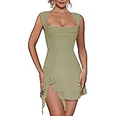 HESUUIO Womens Sexy Square Neck Mini Dress Elegant Sleeveless Bodycon Side Slit Ruffle Club Party Short Dresses