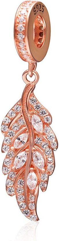 Rose Gold Charms Sterling Silver fit Pandora Style Bracelets-Birthday/Heart/Angel Wing/Feather/Star