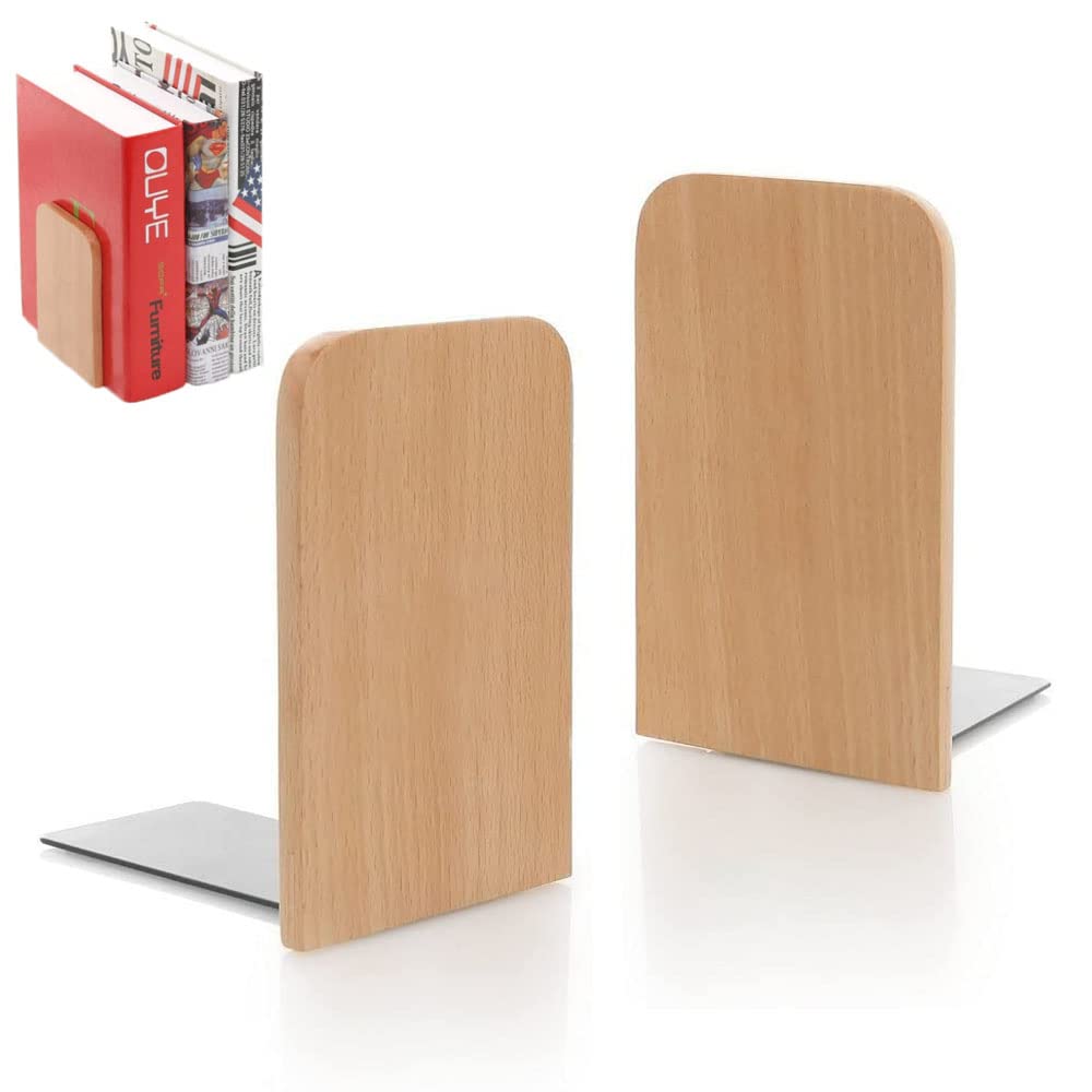 Book Ends Shelf, 1 Pairs Wood Bookends, Heavy Duty Book Holders, Wooden Book Stopper, Anti Slip Book Stand Holder, for Home, Office, School, Library, Beech(Square Head)
