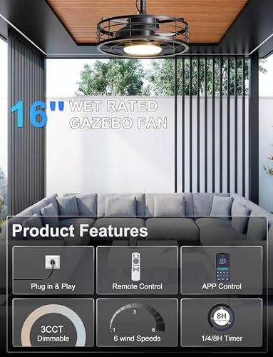 Phylluz Outdoor Ceiling Fan with Lights - 16'' Wet Rated Gazebo Fan Remote/APP Control, Caged Hanging Fan Plug and Play for Covered Patio Porch, Black