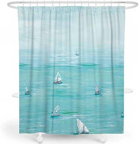 LIVETTY Kids Shower Curtains Bathroom Aqua Nautical Oil Painting Sea View Ocean Voyage Boats Sailing Shower Curtain Set Polyester Machine Wash 72x72 Inch Hooks Included