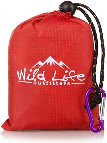 Compact Portable Kanga Pocket Blanket: Packable Outdoor Blankets for Camping - Sand Proof Beach Blanket &amp; Water Resistant Picnic Blanket - Red Mat With Carabiner Clip Carrying Pouch - 55" x 44"