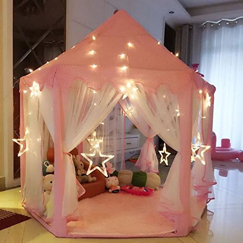 Pink Princess Castle Kids Play Tent Children Playhouse with 23 Feet and 50 Led Star Lights-Indoor and Outdoor Use - Image 3