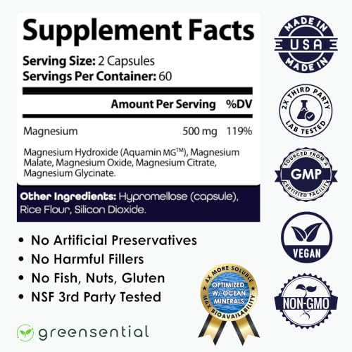 Greensential 5-in-1 Magnesium Complex w/Glycinate | 2-Month Supply | Sleep & Muscle Support, Chelated for Max Absorption, Made in USA, GMP Certified, 2X 3rd Party Tested, 120 Capsules