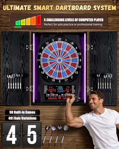 Yirinatek Electronic Dart Set, [12 x Bronze Darts] Electronic Dartboard, Rustic Wooden Door Cabinet, 8 Colours LED Display, Dart Games for Home & Bar