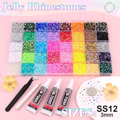 ORCHID M® 40 Colors 32000Pcs Resin Jelly Rhinestones, Multicolor 3mm Flatback Gems for Diamond Art, 3Pcs 10ml B7000 Jewelry Glue for Clothes Shoes Nail Art Diamond Painting Makeup DIY