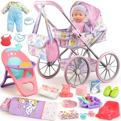 Baby Doll Stroller Playset for Girls Toddlers 3-5 4-6 5-7 Year Old to Play House Games. Stroller Toy with 12.5
