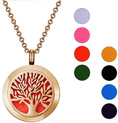 Essential Oil Diffuser Necklace Aromatherapy 24" Stainless Steel Gold Tree with 8 Color Pads for Decoration Gift