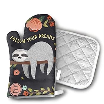 Follow Your Dreams Sloth My Spirit Animal Oven Mitts,Professional Heat Resistant Microwave BBQ Oven Insulation Thickening Cotton Gloves Baking Pot Mitts Soft Inner Lining Kitchen Cooking