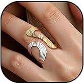 kepvrio Chunky Rings for Women,Gold Silver Two Tone Asymmetrical Wavy Curve Open Ring Dainty Adjustable Stainless Steel Wrap Around Ring Fashion Minimalist Statement Jewelry Accessories