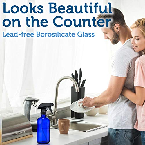 Empty Blue Glass Spray Bottles (2 Pack) - BPA Free, Lead Free - Large 16 oz Refillable Bottle for Plants, Pets, Essential Oils, Cleaning Products - Black Trigger Sprayer w/Mist and Stream Settings