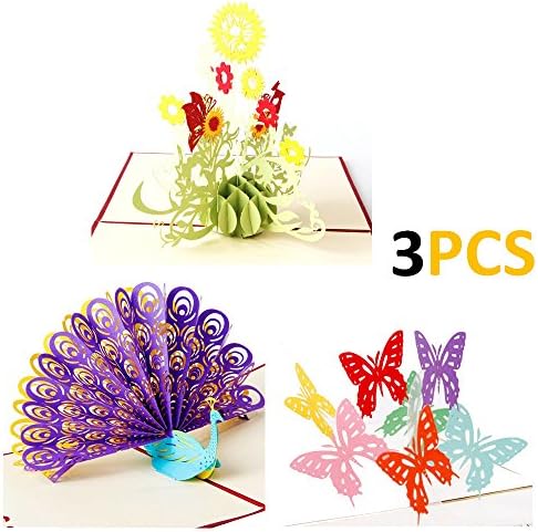 AlleTechPlus 3 Pack Birthday Cards 3D Pop Up Valentine's Day Flower Peacock Butterfly Greeting Card with 3 Envelopes (Sunflower)