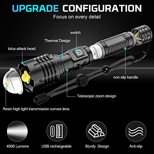 Rechargeable LED Flashlights High Lumens, Super Bright 10000 Lumen XHP70 Tactical Flashlight,5 Modes Best Flashlight for Camping,Zoomable, IP65 Waterproof,Emergency Flashlights [Battery not Included]