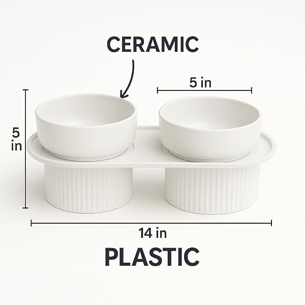 ELEVATED PET BOWLS SET, MODERN STYLE CERAMIC FOOD AND WATER DISHES WITH RAISED STAND (WHITE)