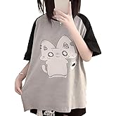 RILGOU Kawaii Gothic Cute Tops Casual Loose Crew Neck Raglan Short Sleeve Cartoon Hungry Kitty Graphic Print T-Shirt