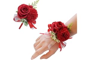 ARTFLWS 2PCS Rose Flower Wrist Corsage Boutonniere Set Handmade Artificial Corsage Set Bride Hand Flower Men Boutonniere for Wedding Party Prom Decorations (Red)…