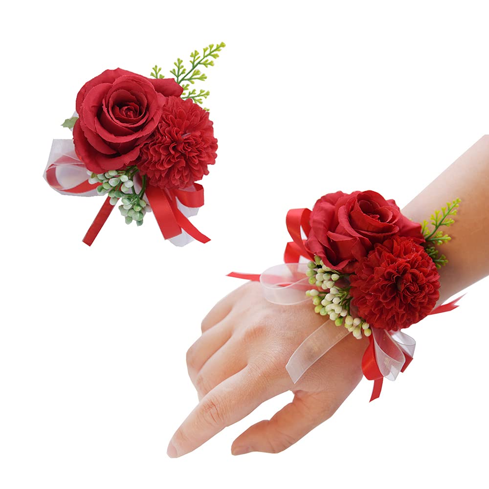 Photo 1 of ARTFLWS 2PCS Rose Flower Wrist Corsage Boutonniere Set Handmade Artificial Corsage Set Bride Hand Flower Men Boutonniere for Wedding Party Prom Decorations (Red)…