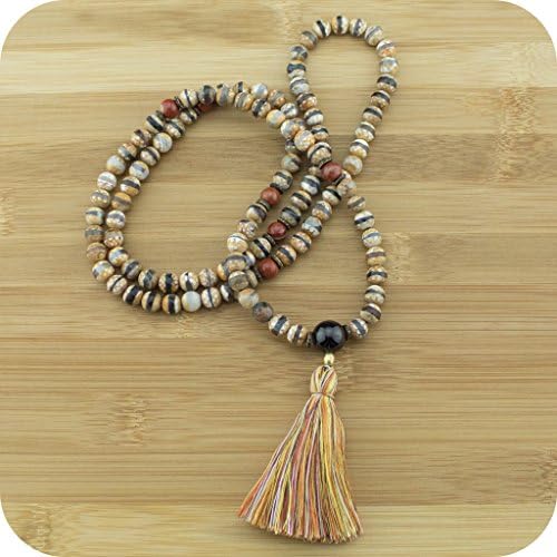 Brown &amp; White Fire Agate Dzi Meditation Mala Beads Necklace with Red Jasper