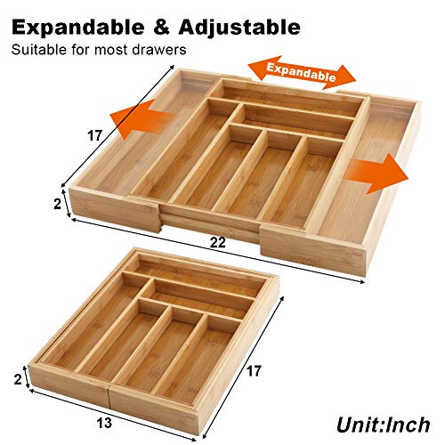 Bamboo Expandable Drawer Organizer for Kitchen, 100% Eco Friendly Adjustable Drawer Divider Holder for Silverware Tray, Cutlery, Utensil, Stationery, 8 Compartments - Thumbnail 3