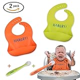Hangry Silicone Bib Set with Pocket for babies and toddlers - Waterproof, Stainproof, Easy to Clean - 2 bibs with 2 FREE silicone spoons!