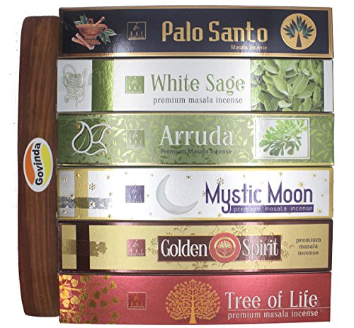 Govinda Set of 6 Tree of Life, Arruda, Golden Spirit, Mystic Moon, Palo Santo, and White Sage Incense Kit Incense Holder