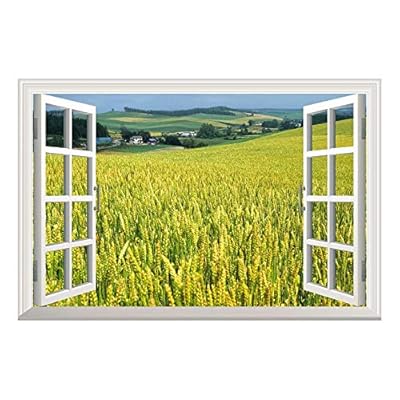 Yellow Wheat Field Open Window Mural Wall Sticker - 36