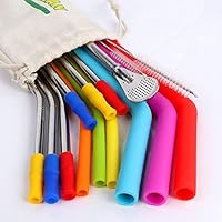 OurWarm FDA-Approved Reusable Drinking Straws Set for 20oz 30oz Yeti/Rtic Tumblers丨6 Extra Long Stainless Steel Straws丨6 Rainbow Silicone Straws丨2 Cleaning Brushes丨1 Spoon丨1 Storage Pouch