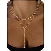 SELSHE Layered Necklaces for Women,Dainty 14K Gold Plated Long Lariat Necklace Stack Simple Chain Pendant Necklace Fashion Accessories Long Necklaces for Women Trendy Gold Jewelry