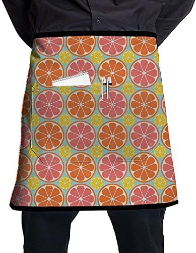 Grapefruit Wallpaper Pattern Pattern Stylist Waist Chef Apron With Pockets, Restaurant Short Bistro Family Half Aprons For Men Women, 21.3 X 17.7 Inches, Black