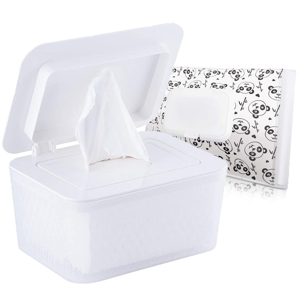 Umtiti Wipes Dispenser & Wipes Pouch/Tissue Bag, Wipes/Tissue Case with Moisture Seal Secure Lid, Non-Slip Rubber Feet & Sealing Design Keeps Wipes Fresh, Dustproof Wipes Container(WH+Panda)