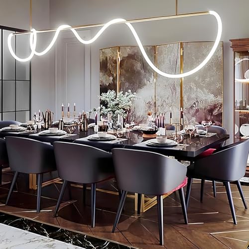 SMG - Lámpara colgante lineal LED moderna para comedor, lámpara de araña dorada regulable para oficina, lámpara de techo de 59 pulgadas con control remoto, atenuación continua, lámpara de manguera